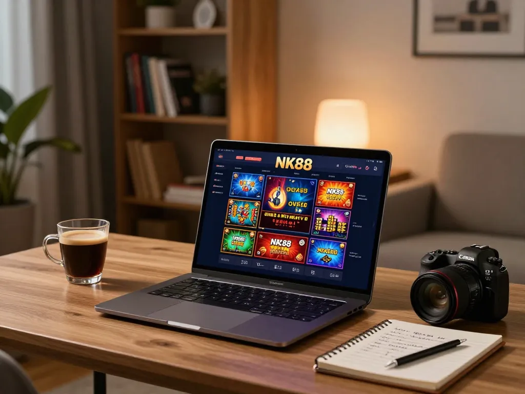 Engaged player using NK88 online casino app at home, focusing on game strategies and winnings.