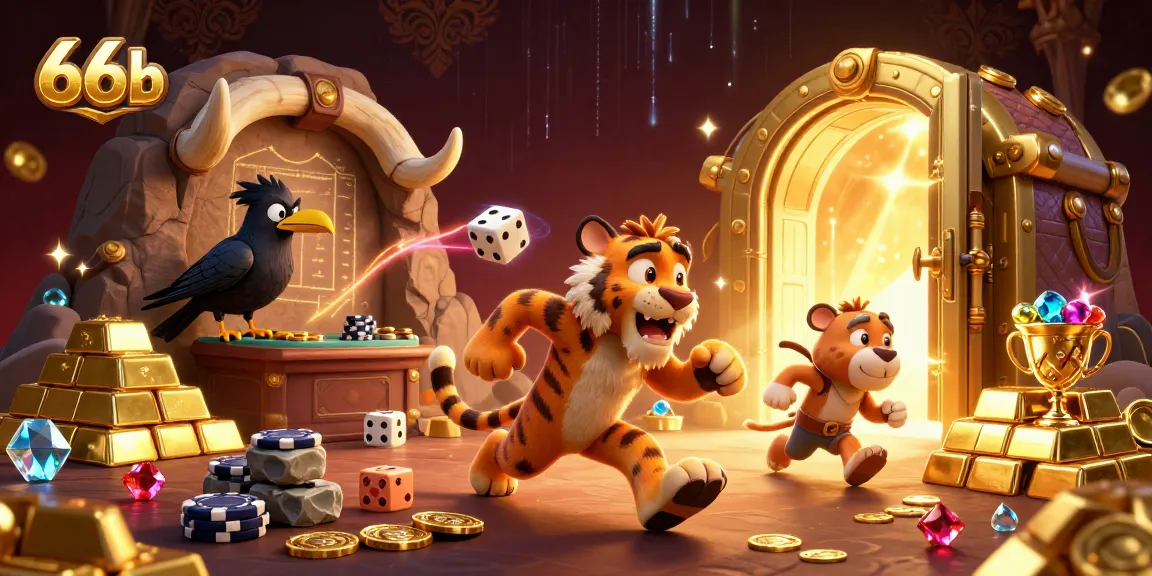 66b casino scene with cartoon sabertooth and caveman playing games amidst gold and gems