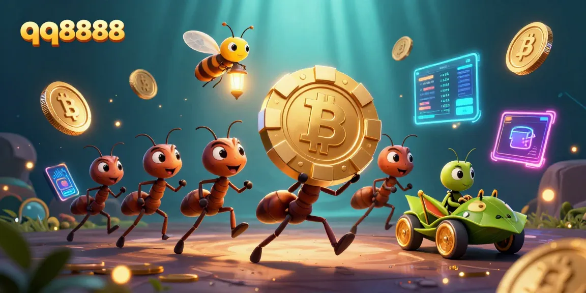 Experience the thrill of qq8888 with ants on a heist, poker chips, and dazzling crypto elements.