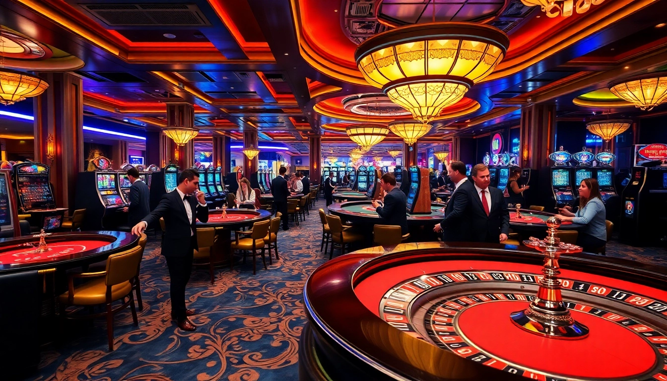 Players intensively engage in a thrilling casino scene featuring newphim inspired gambling activities under vibrant neon lighting.