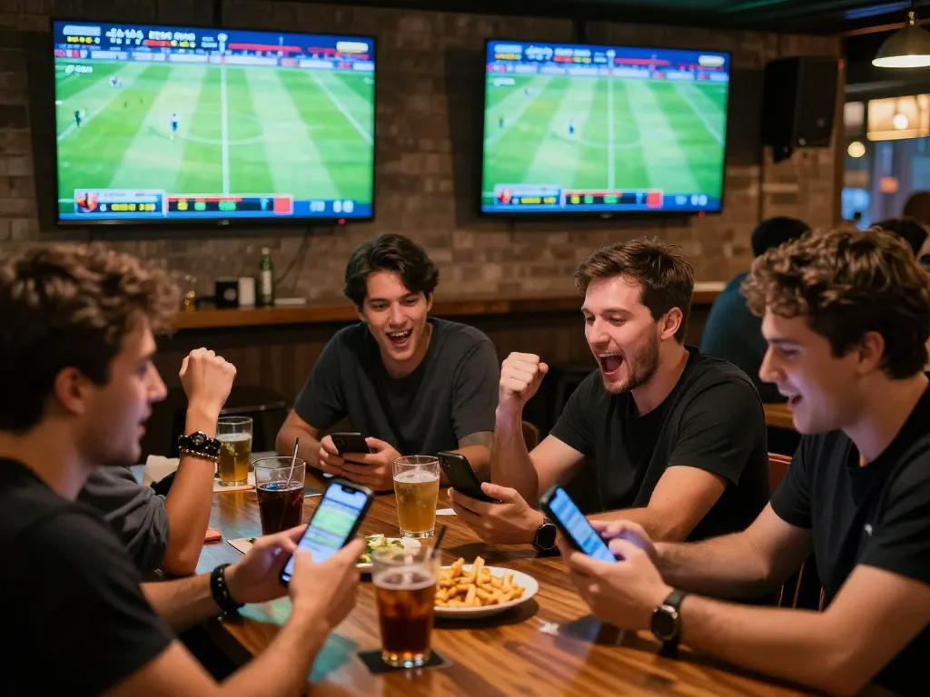 Fans celebrating and placing bets on Tỷ Lệ Bóng Đá during a lively sports event in a bar.