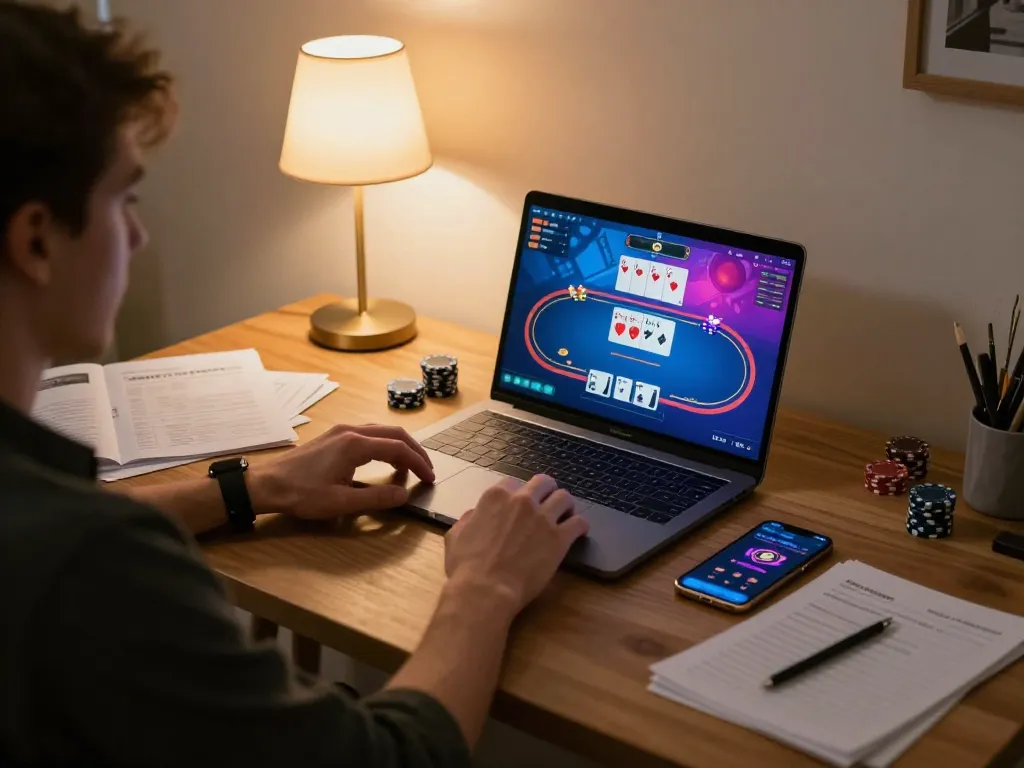 Engaging in online poker at home with gamebaidoithuong8, showcasing strategic gameplay and lifestyle
