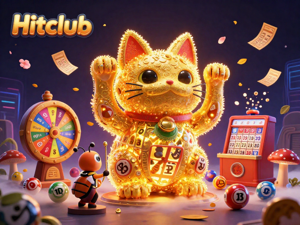 Hitclub's vibrant lucky cat illustration showcases dynamic casino symbols and colorful lottery elements.
