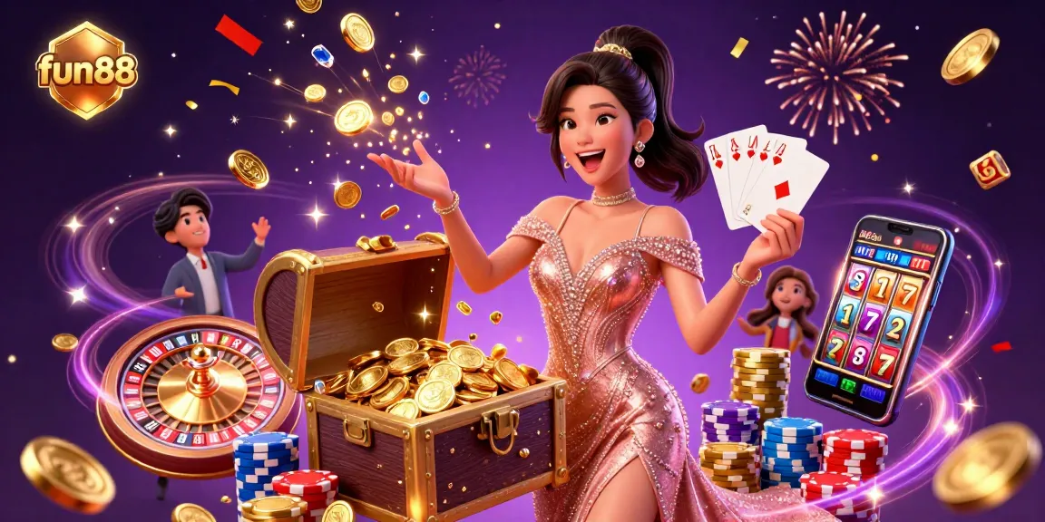 Celebrate winnings with fun88 in this vibrant casino scene featuring treasures and games.