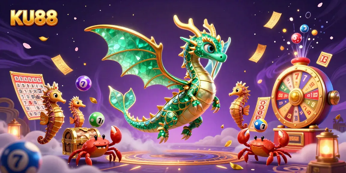 Experience thrilling casino action with KU88's vibrant sea dragon illustration filled with games and excitement.