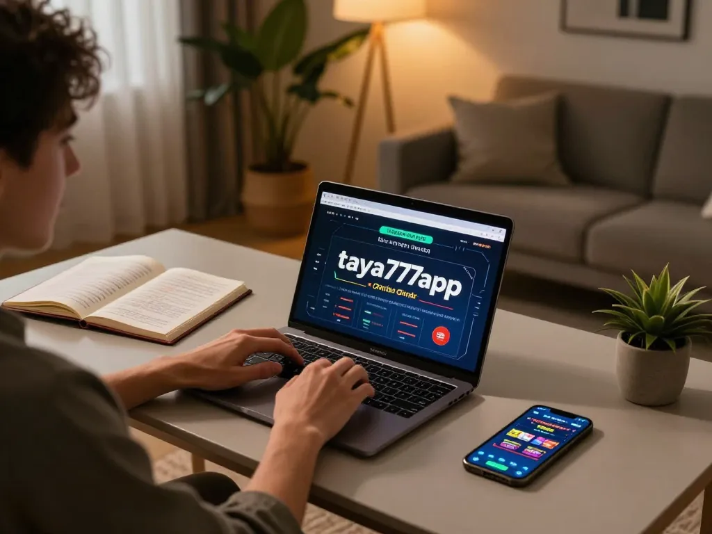Taya777app user engaging in online casino gaming at home with laptop and notebook.