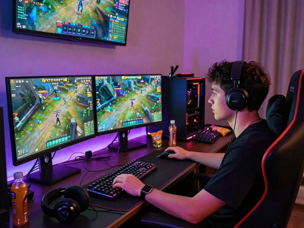 KOMBET168 online gaming setup with vibrant monitors and dynamic atmosphere