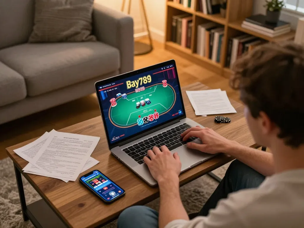 Enjoying an exciting poker game on Bay789 in a cozy home setup with betting notes visible