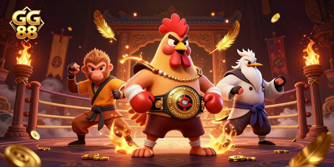 Experience exciting gameplay at GG 88 with a vibrant scene featuring a Muay Thai rooster and martial artists.