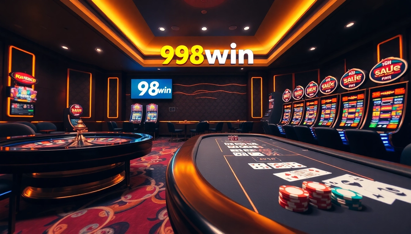 Experience excitement at 98win casino with colorful slots, poker tables, and roulette games.