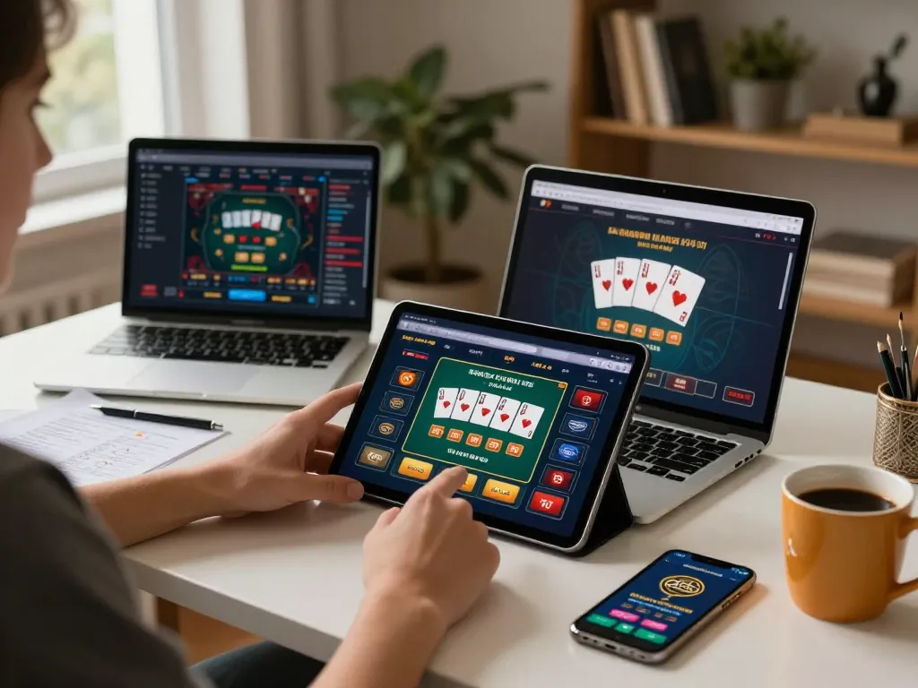 Engaged player strategizing for five88 online casino games on a tablet, showcasing responsible gaming.