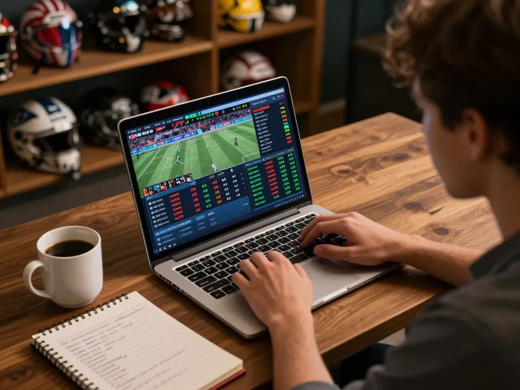 HDBET user placing strategic bets while analyzing live sports betting odds on laptop