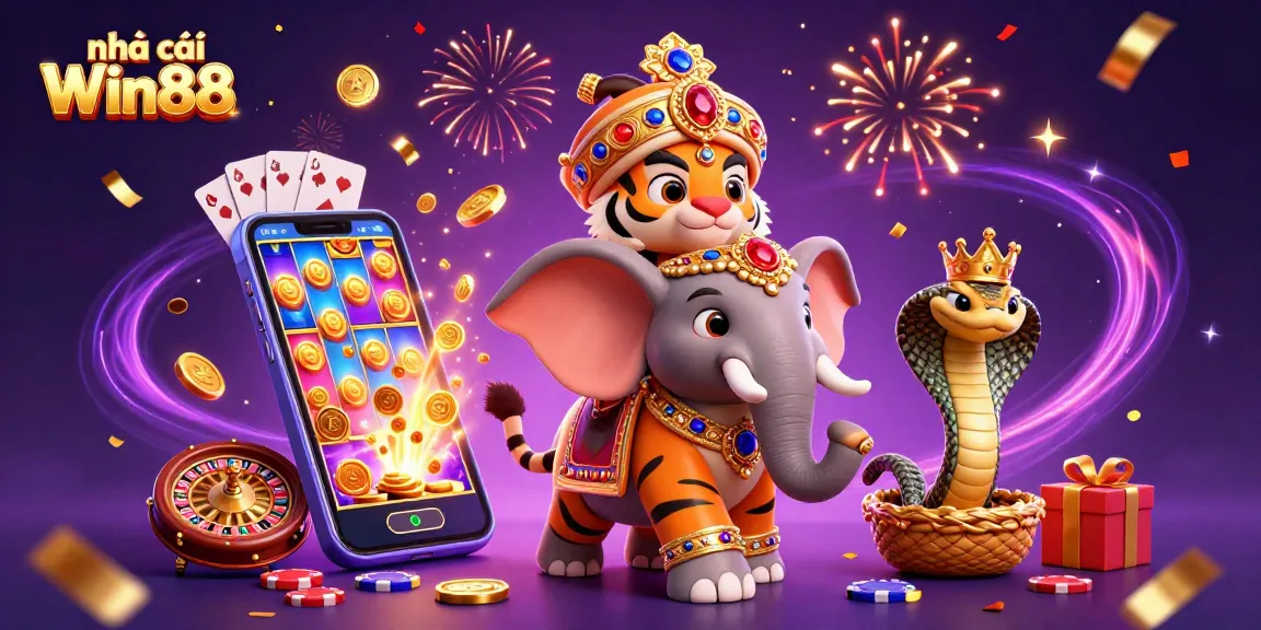 Experience the excitement of nhà cái Win88 with vibrant gaming characters and dynamic casino elements.