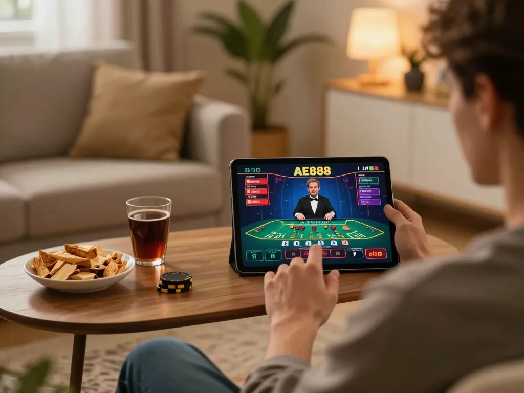 Player enjoying AE888 live dealer games on a tablet in a cozy home setting with snacks