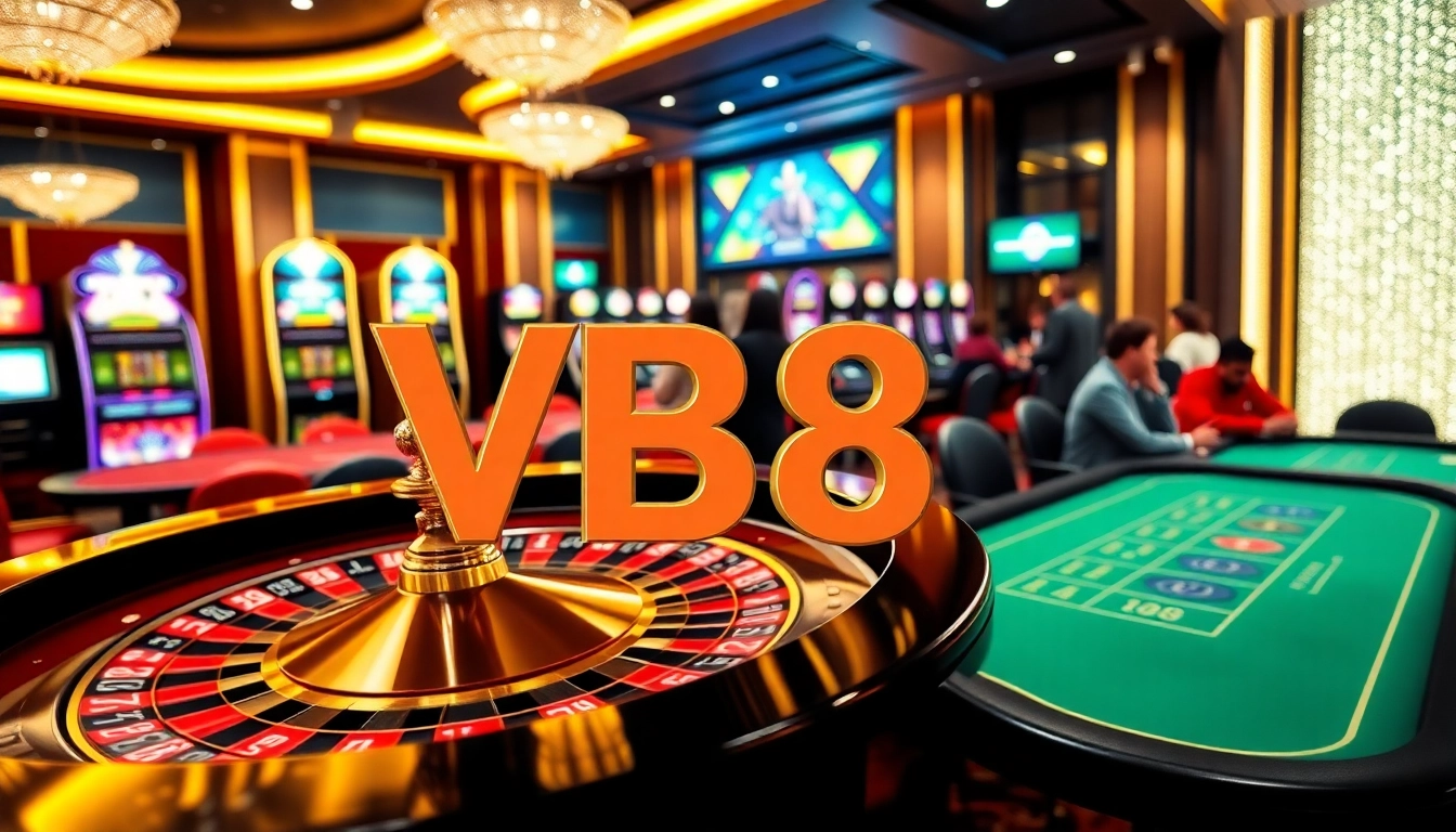 Experience the excitement of VB88 at an elegant casino table with poker chips and slot machines.