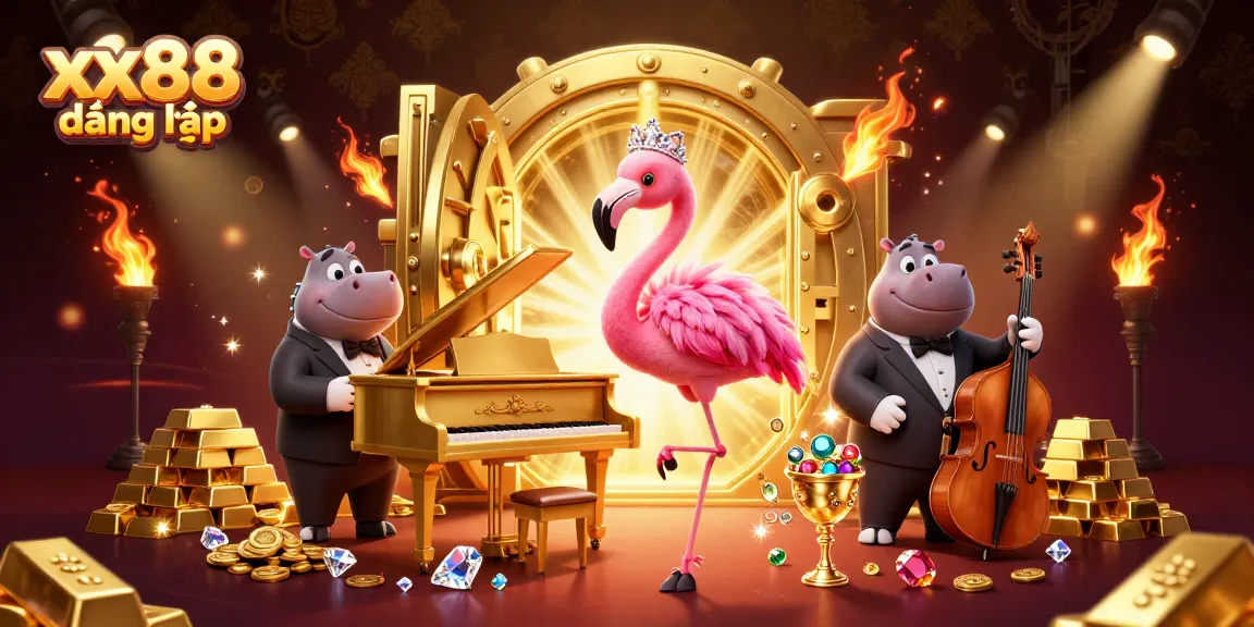 Immerse in the vibrant atmosphere of xx88 đăng nhập with a 3D cartoon flamingo and hippo performing amid dazzling treasures.