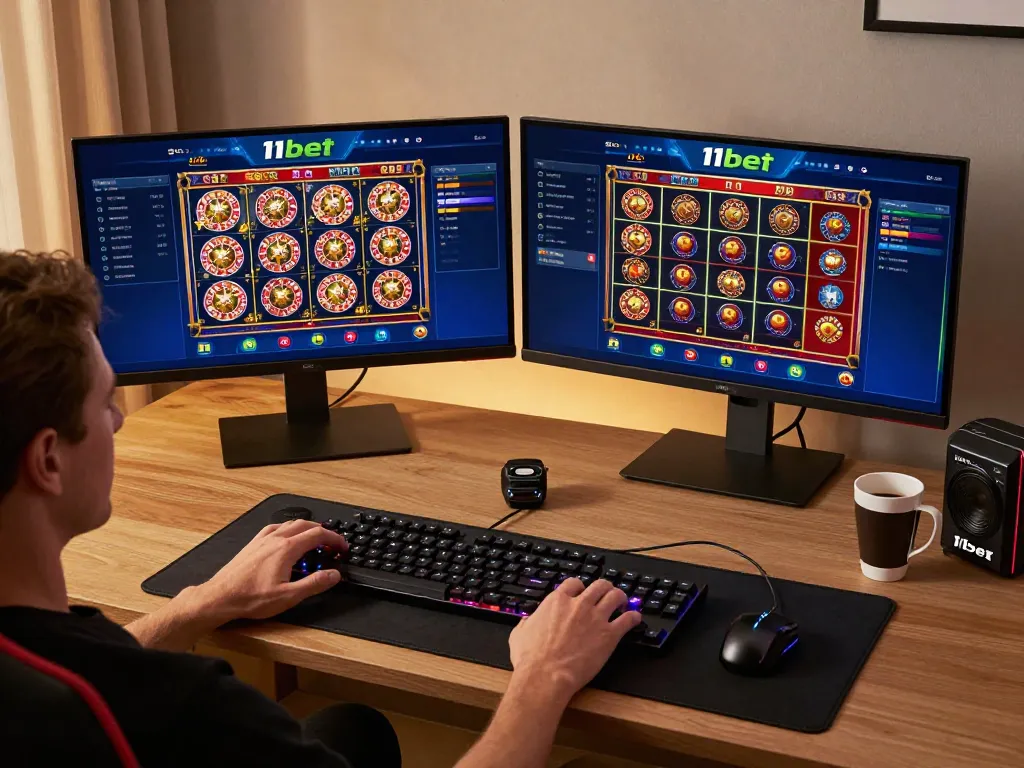 Engage with exciting online games on 11bet platform from a cozy home setup with dual monitors.