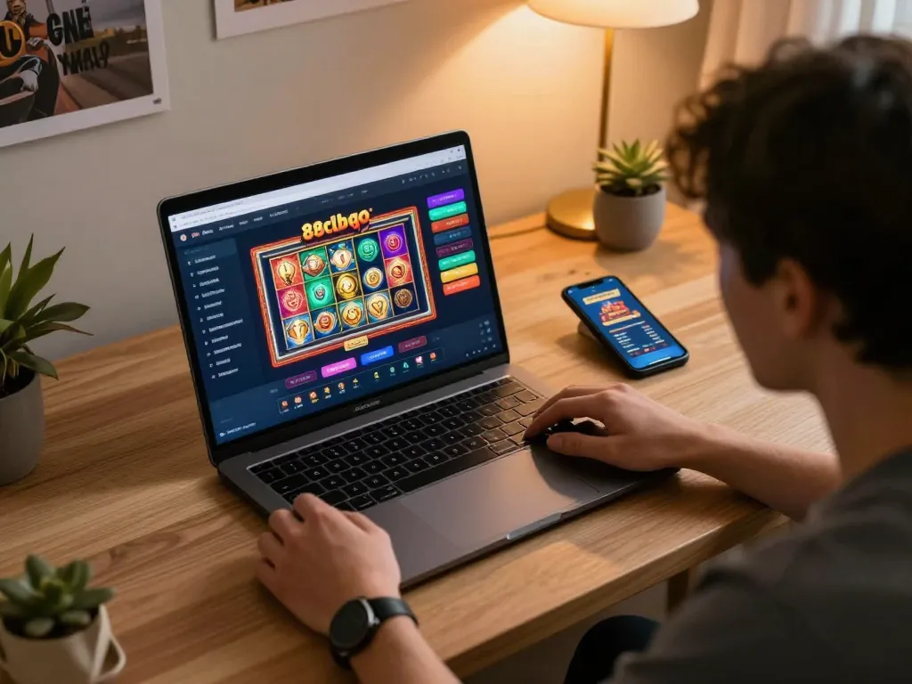 Engaging online gaming session showing 88clbgo platform on laptop with colorful casino interface