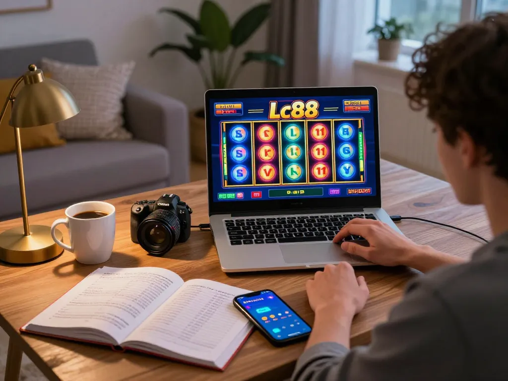 Person playing Lc88 vin slots on a laptop in a modern living room, showcasing strategic gaming environment.