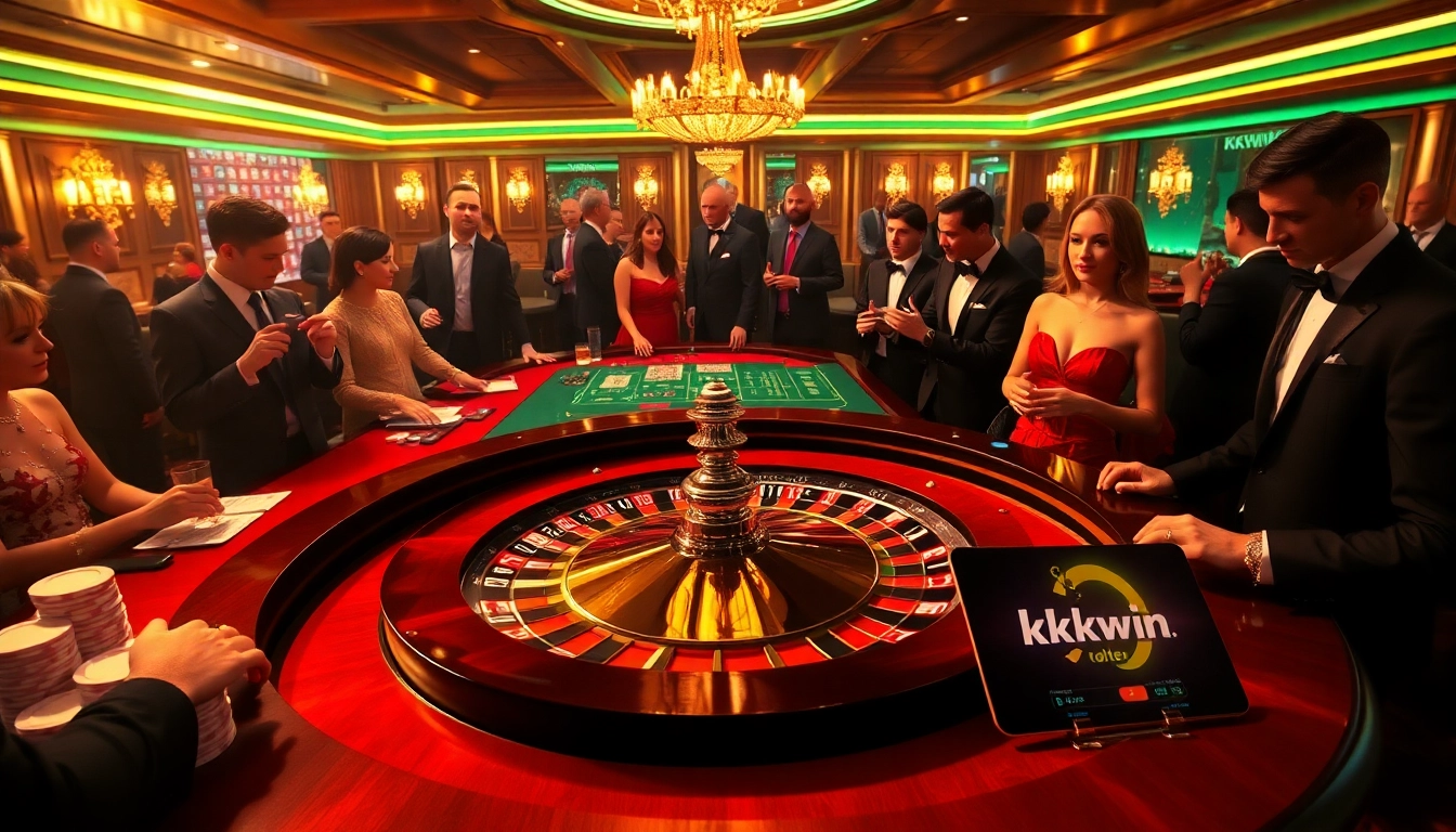 Players enjoy a thrilling game of roulette at a kkwin casino table, surrounded by luxurious decor.