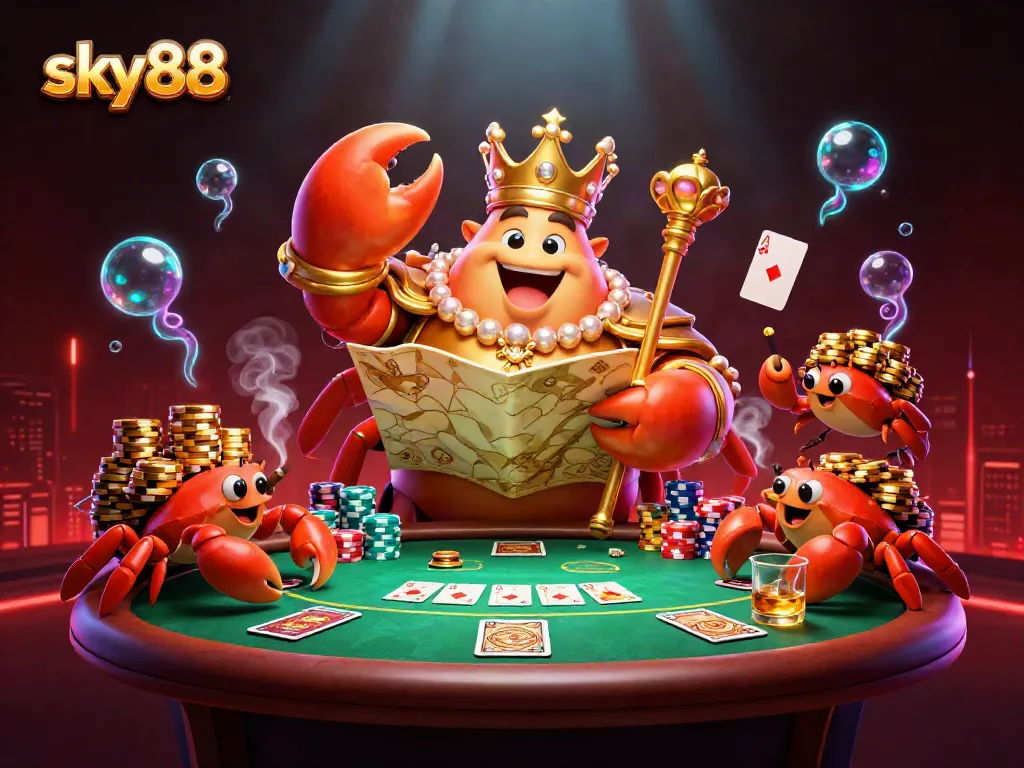 Engage with the thrilling world of sky88 as the golden crab emperor oversees a bustling poker scene filled with vibrant chips and treasures.