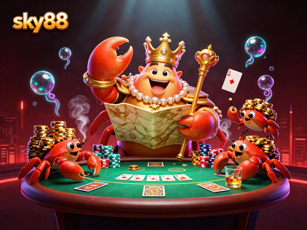 Engage with the thrilling world of sky88 as the golden crab emperor oversees a bustling poker scene filled with vibrant chips and treasures.