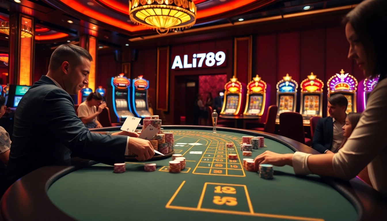 ALo789 casino scene showcasing poker chips and roulette wheels in a vibrant atmosphere.
