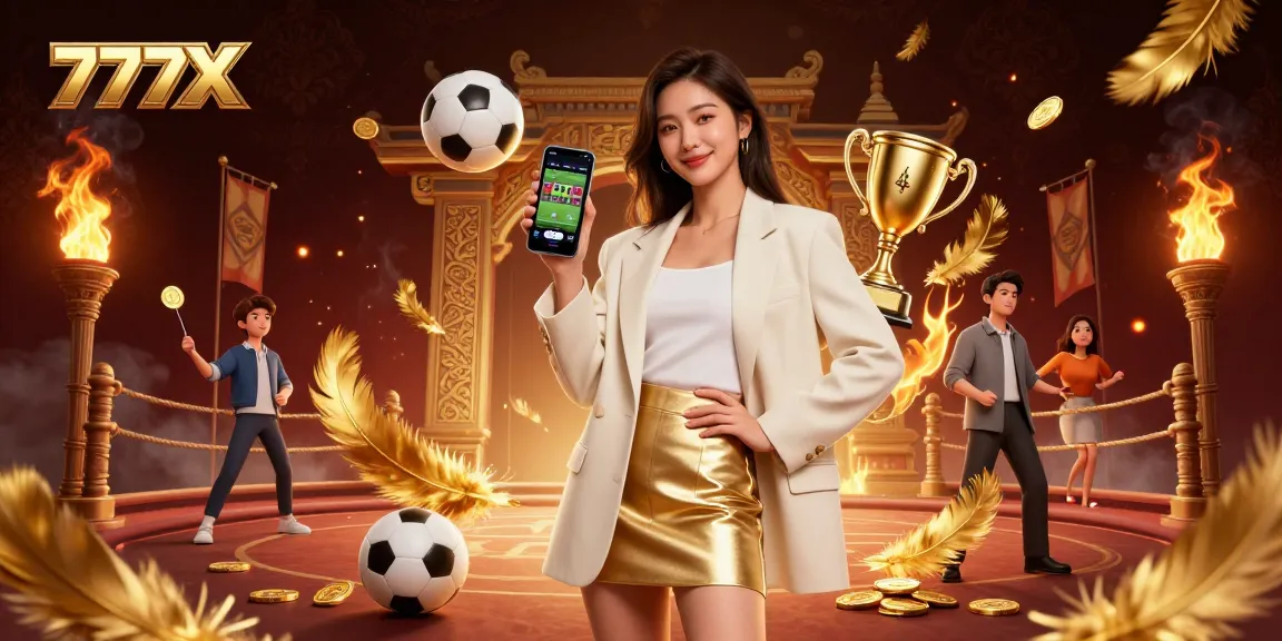 Engaging gameplay at 777X showcasing a friendly woman with a sports betting app, vibrant casino atmosphere.