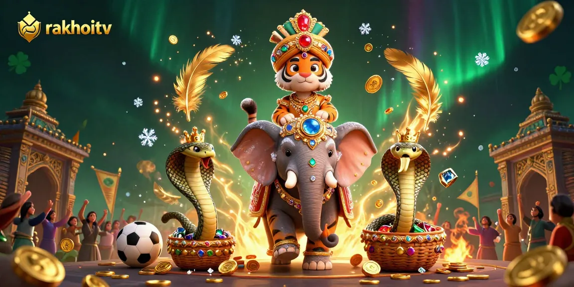 Experience the thrill of sports betting with rakhoitv featuring a majestic tiger and jewel-encrusted elephant amidst dynamic betting elements.