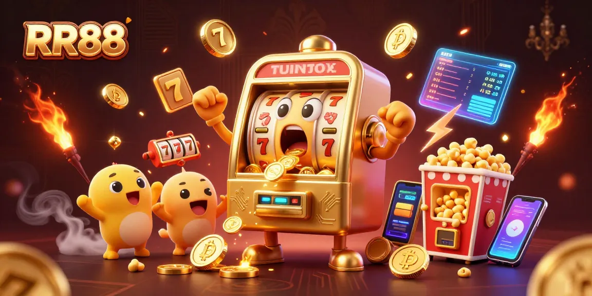 RR88's golden slot machine hitting a jackpot while surrounded by cheering baby slots and crypto elements.