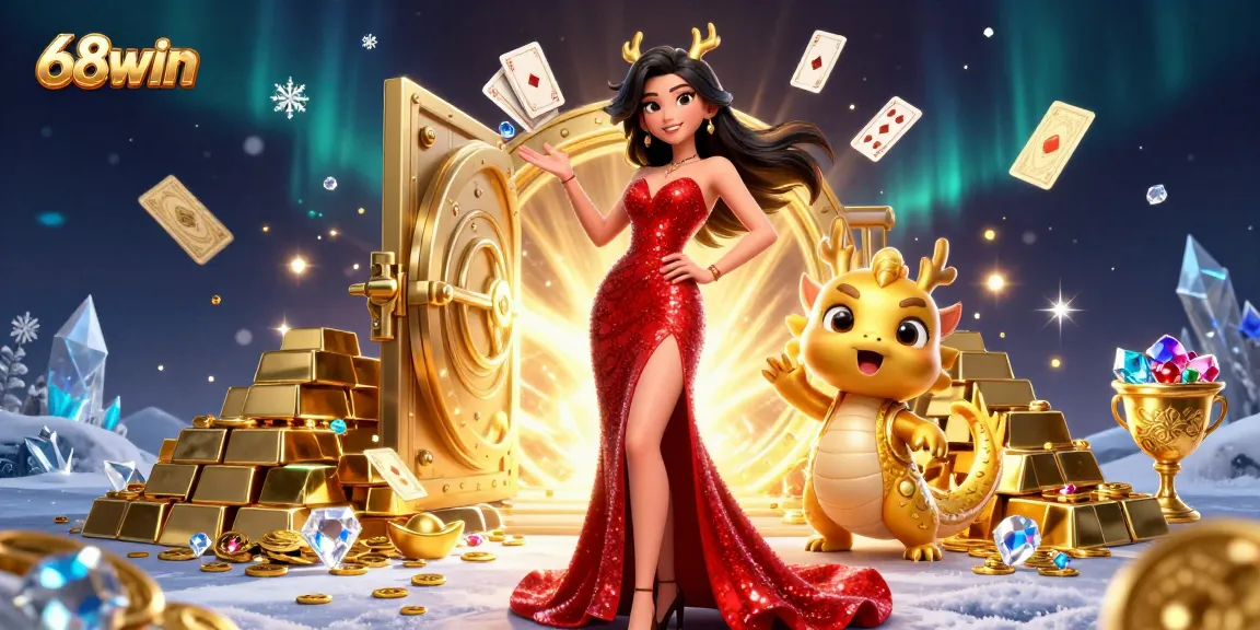 Engage with the vibrant energy of 68win, featuring a glamorous lady in red and a golden dragon, surrounded by casino treasures.