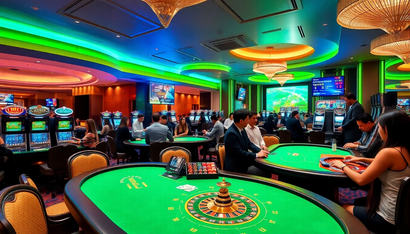 23Win casino scene featuring lively gaming tables and vibrant slot machines, showcasing excitement in gambling.