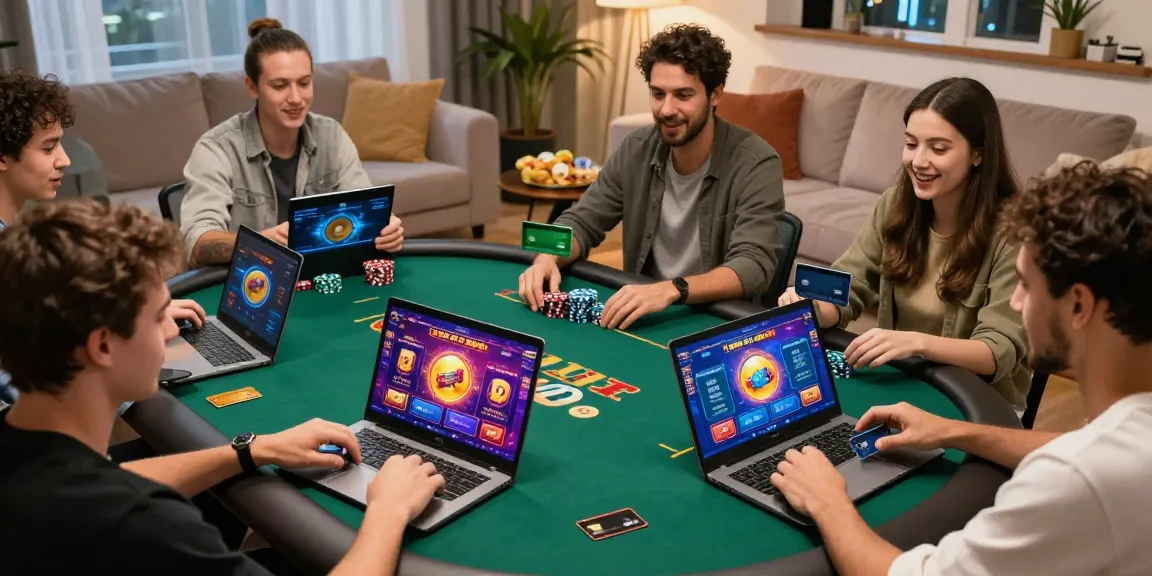 Exciting scene of players engaging at credit card casinos at https://being-there.org.uk, showcasing diverse friends playing online poker.