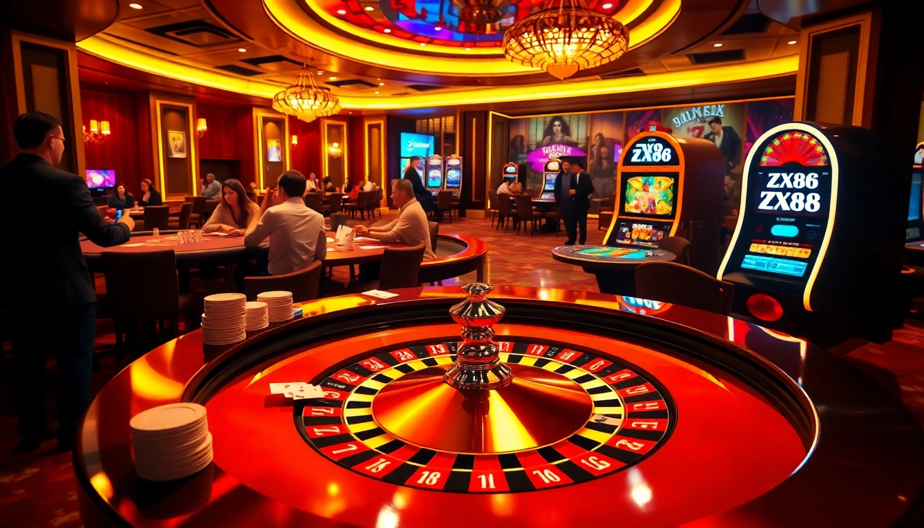 Experience the thrill of gambling at ZX88 with poker chips and roulette activities.
