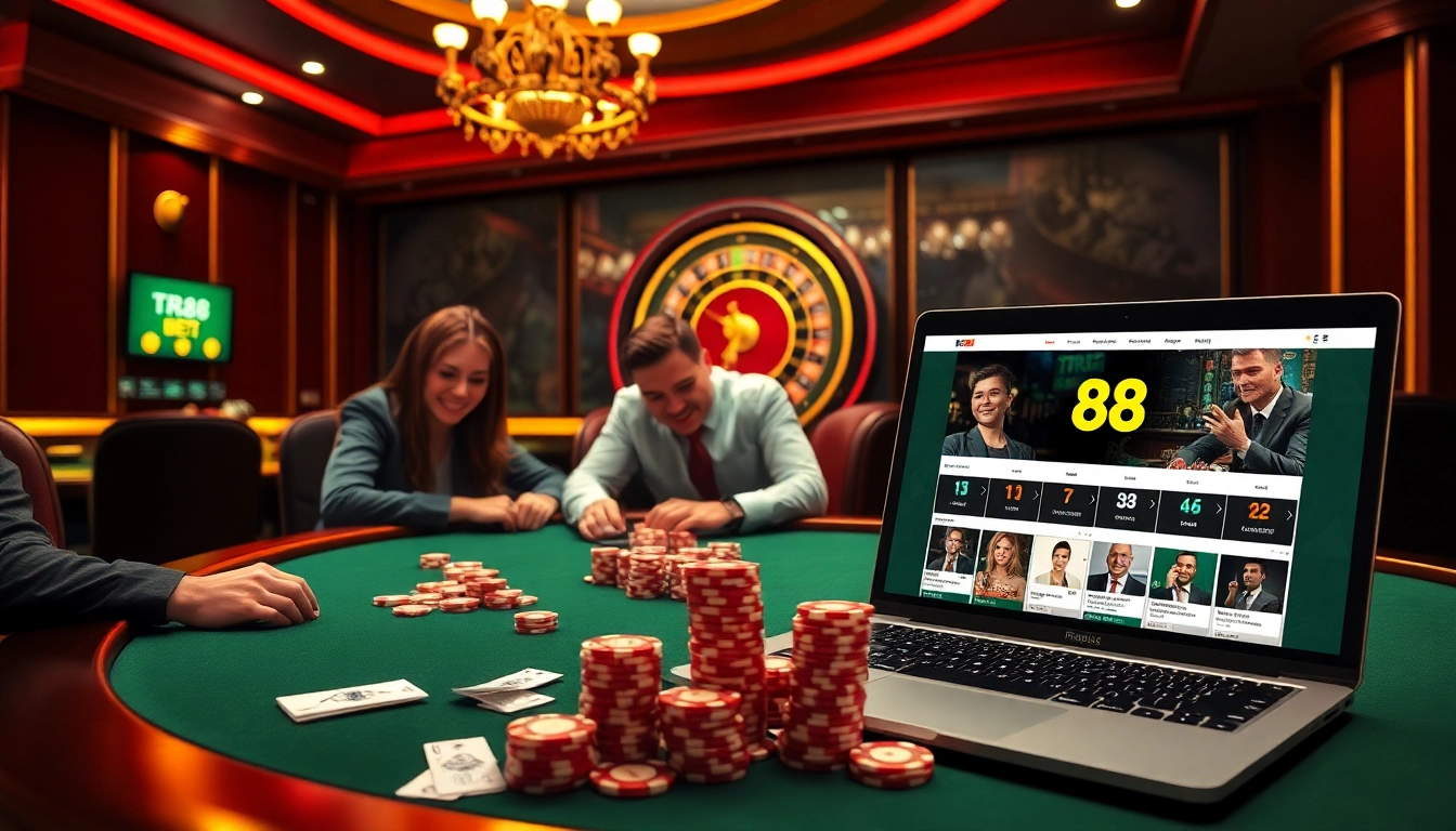 Experience the thrill of the TR88 bet scene with vibrant poker action and luxury casino elements.