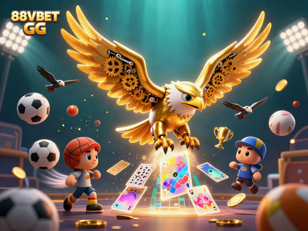 Win big at 88VBET GG with an energetic scene showcasing a cybernetic eagle amidst dynamic sports betting elements.