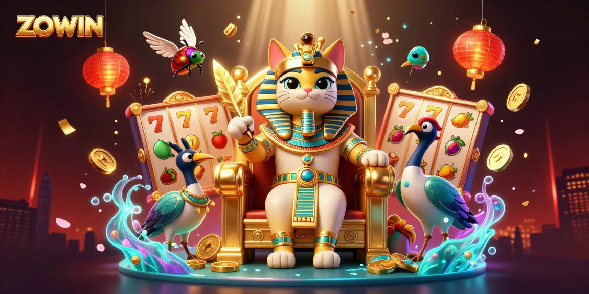 ZOWIN spins to victory with a vibrant 3D casino scene featuring an Egyptian pharaoh cat.