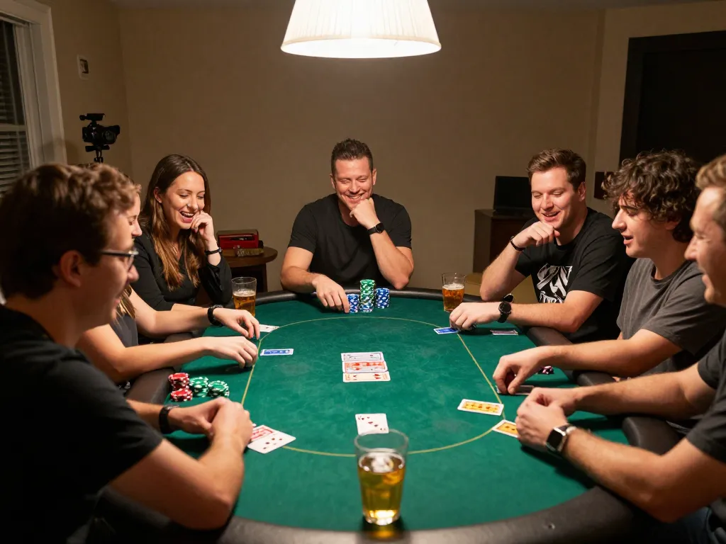 Playing poker during an exciting home game night with friends at km777, showcasing chips and cards on the table.