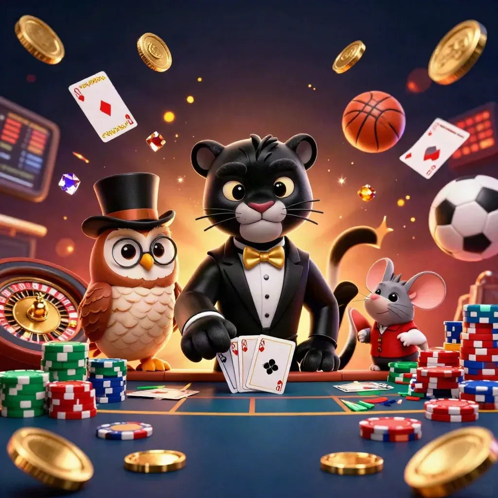 Panther, owl, and mouse amid flying chips, cards, and casino sports props