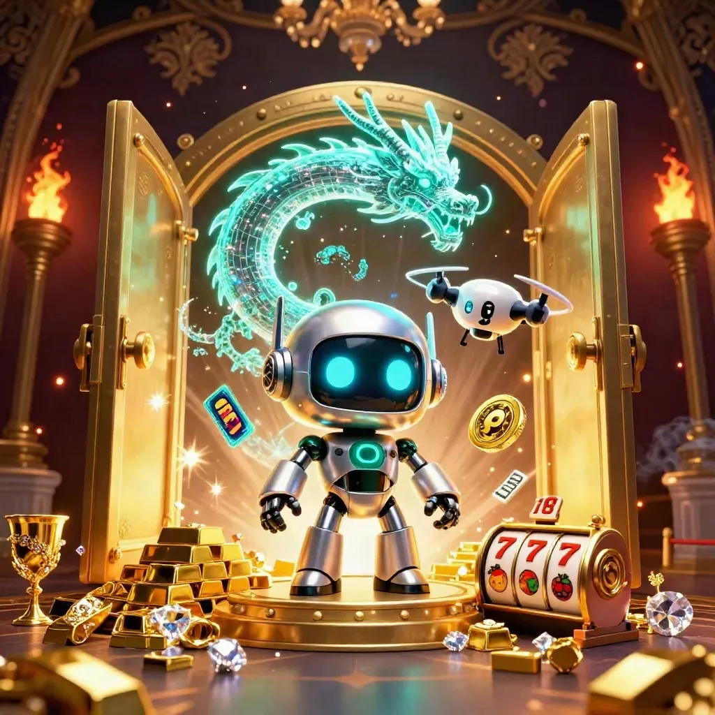 Robot, holographic dragon, and drone burst from a glowing vault with gold and gems.