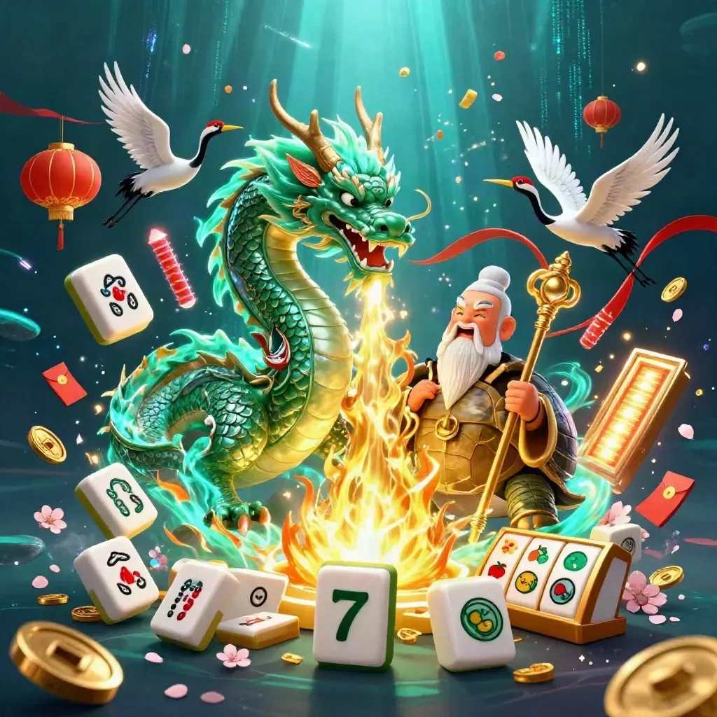 Emerald dragon, turtle sage and cranes amid casino treasures in teal underwater glow