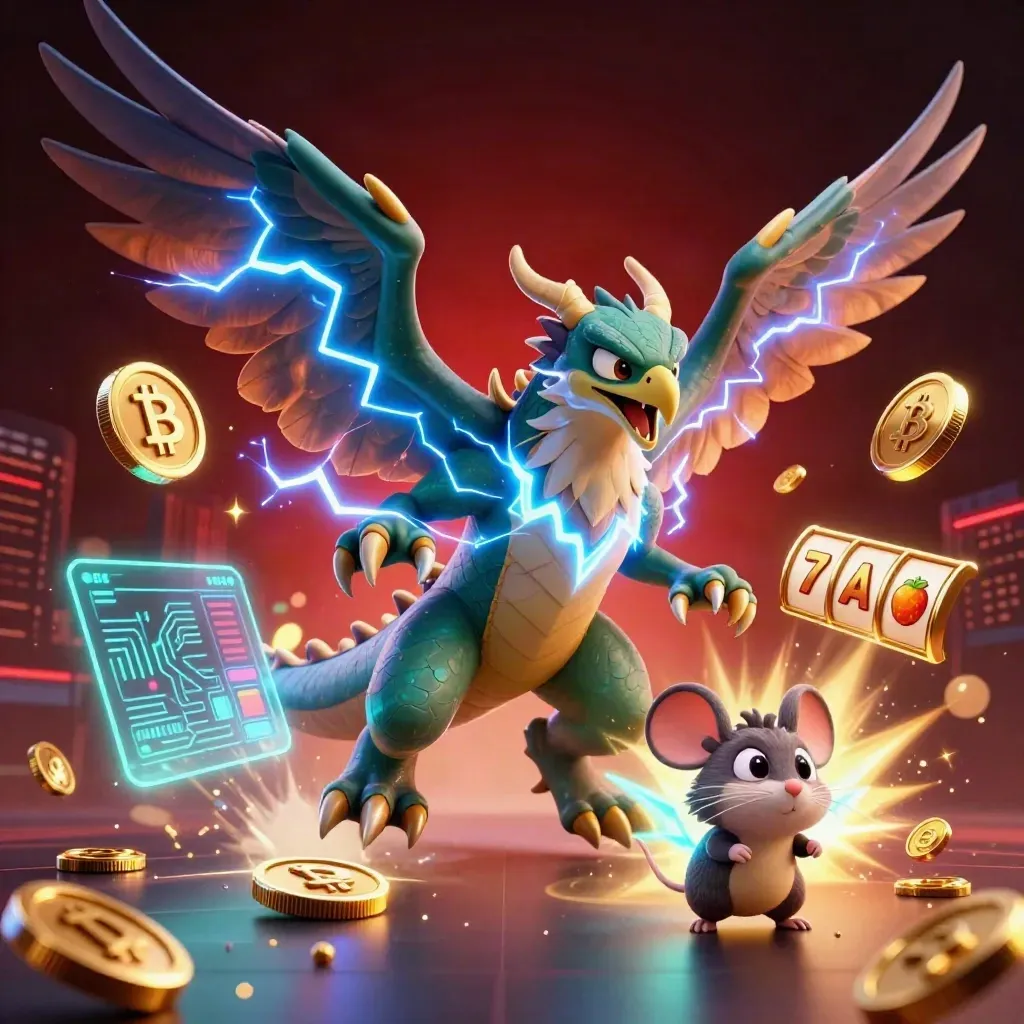 Thunder dragon, wind hawk, and thunder mouse amid casino coins, lightning, and teal glow.