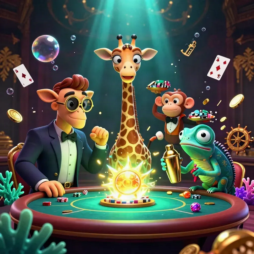 Giraffe, monkey, and chameleon around a glowing sun stone with treasure bursting in a luxe casino scene.
