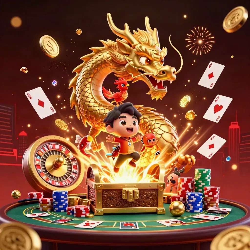 Golden dragon, phoenix, koi, coins, roulette wheel and cards burst in a luxe casino scene.