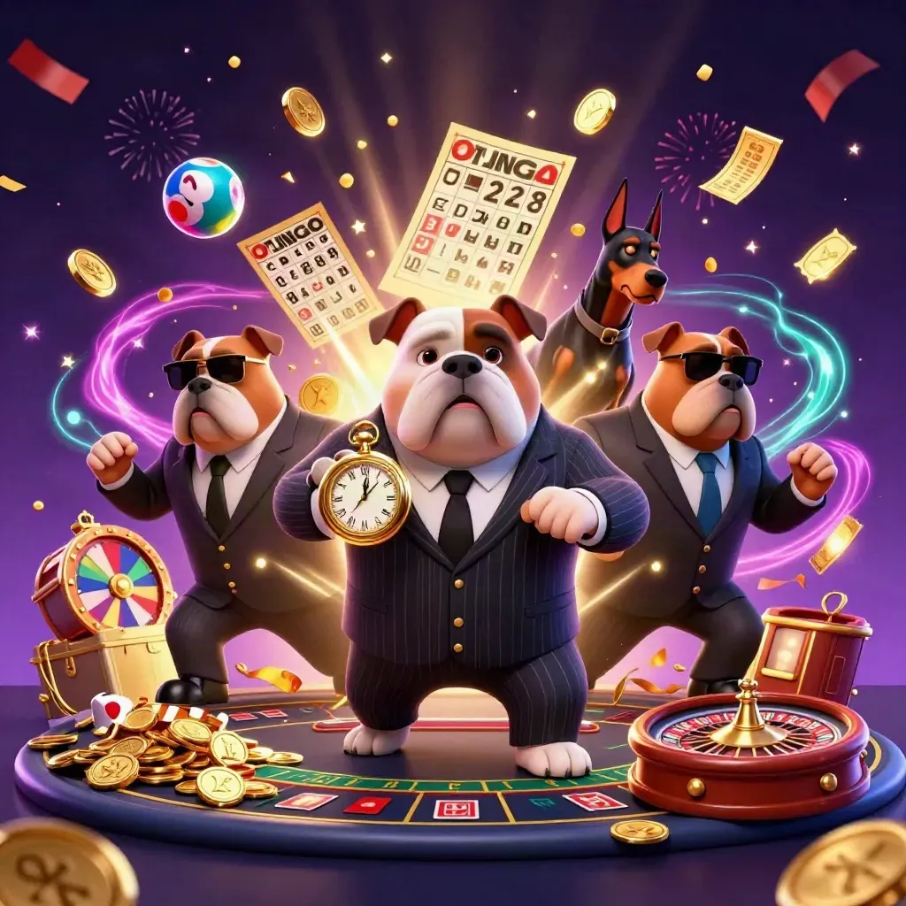 Cartoon bulldog boss and Doberman guards amid casino coins, wheels, fireworks, and glowing purple energy.