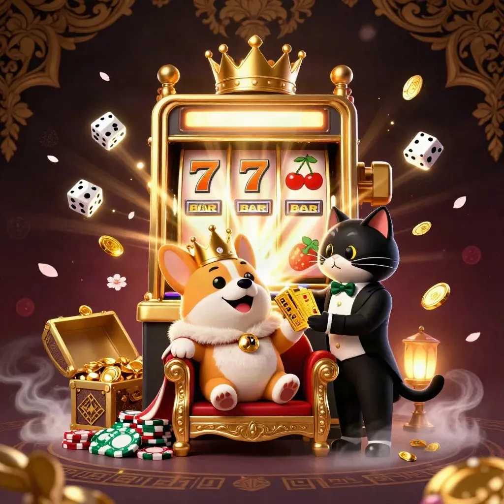 Royal corgi and cat butler amid exploding slots, gold chips, dice, petals, and luxe dark casino glow.