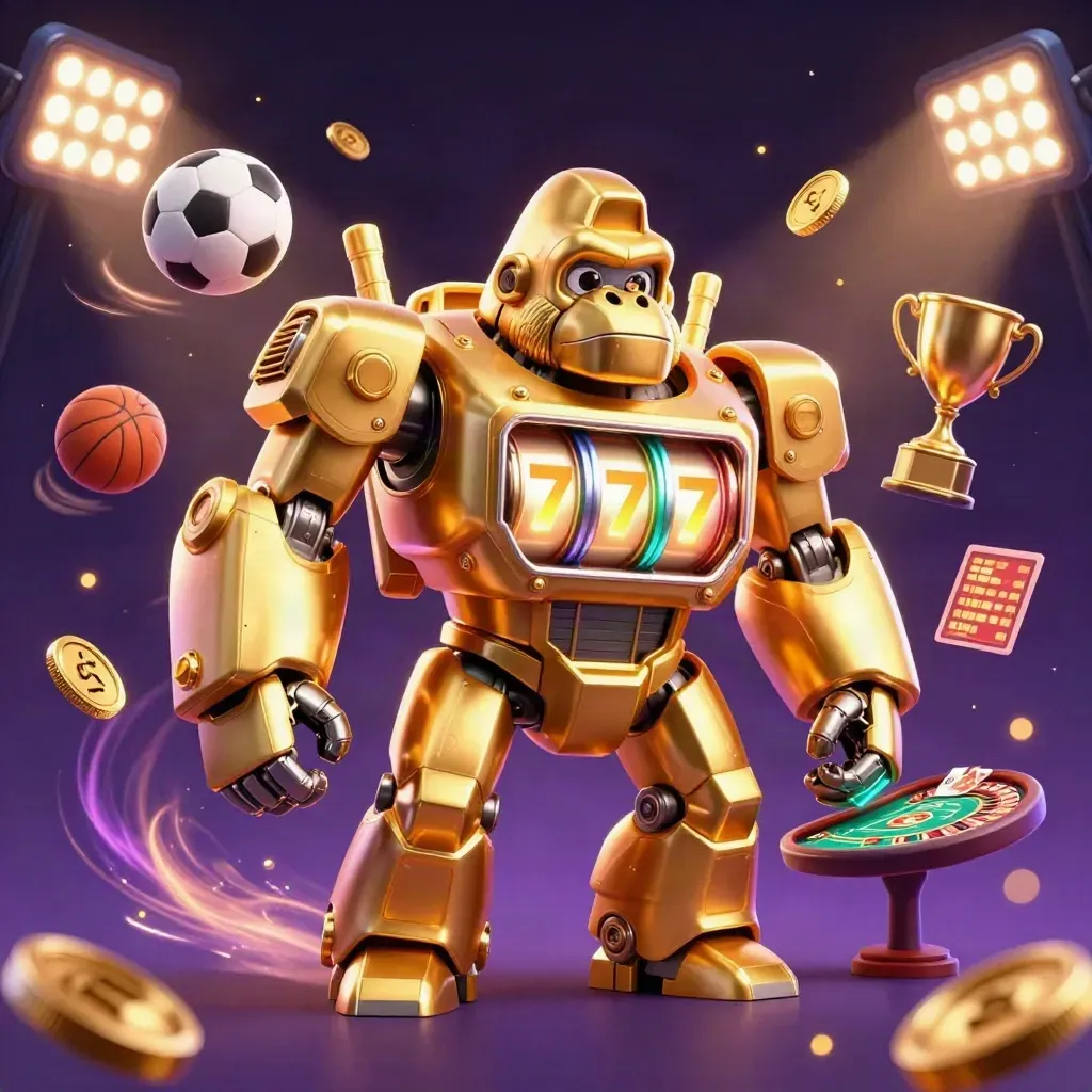 Golden gorilla mech with tiny monkey pilot amid casino props and neon sparks