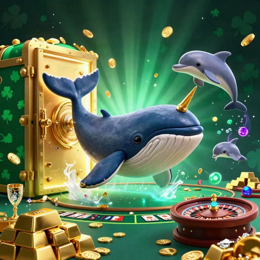 Whale captain, narwhal, and dolphins burst through coins around an open gold vault and casino glow.