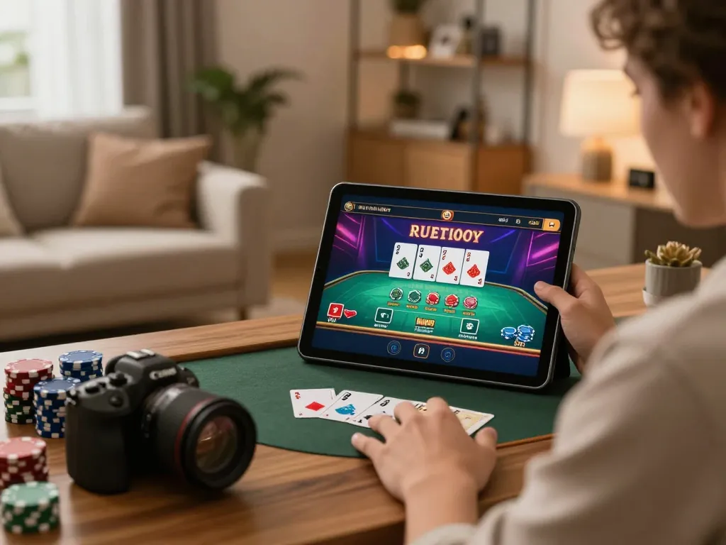 Kong88 player engaging with online casino game on tablet in a stylish home office.
