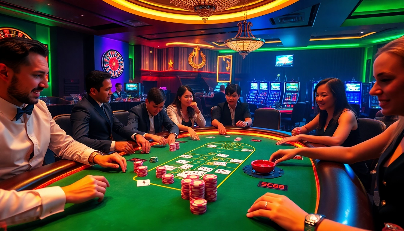 Players enjoy an SC88-themed poker game, surrounded by vibrant casino elements for maximum excitement.